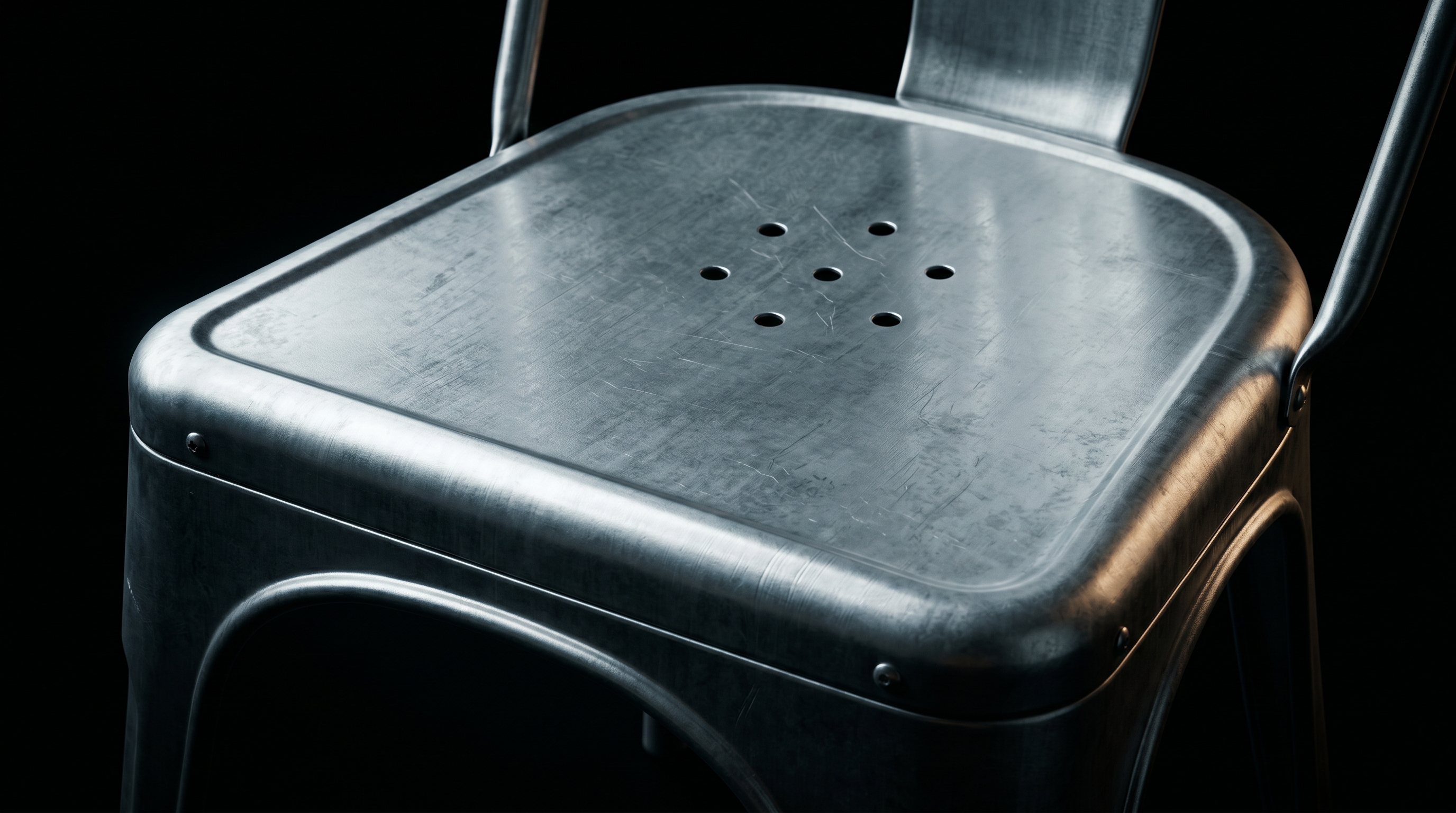 Macro photograph of the rolled steel lip of the Tolix Model A seat