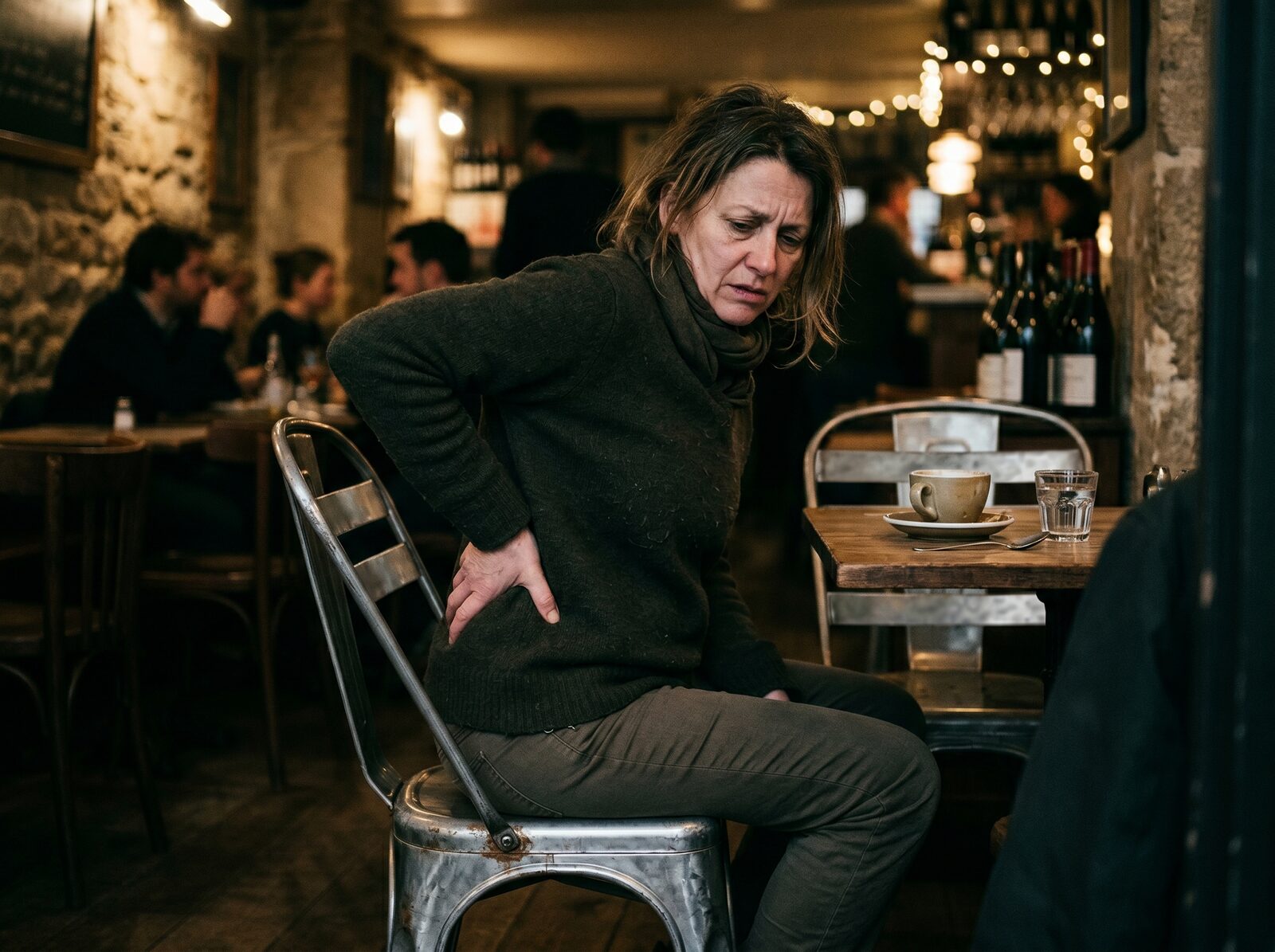 A weary patron seated on a Tolix chair in a dim cafe, in visible discomfort.