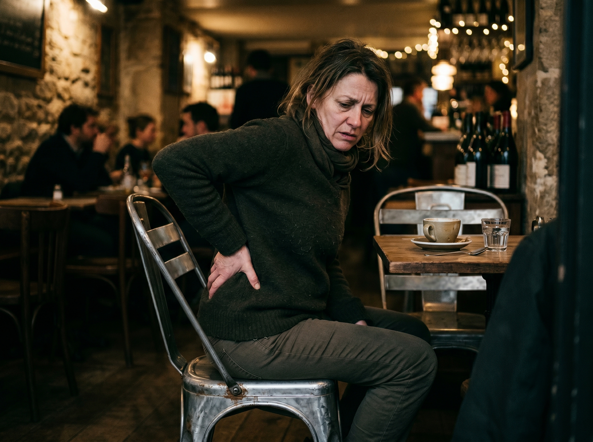 A weary patron in visible discomfort while seated on a Tolix chair in a dim cafe